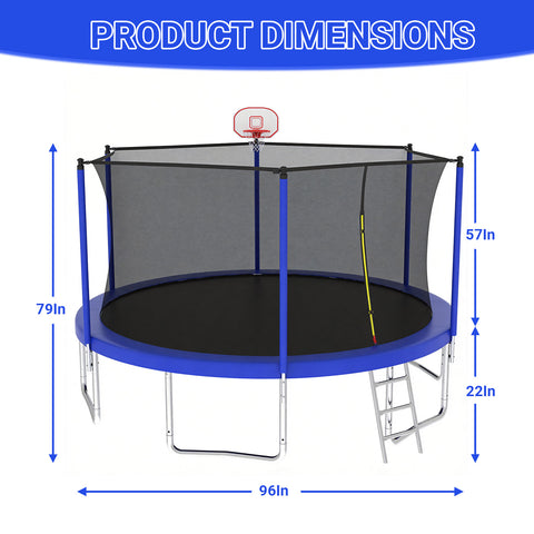 Skepphlay 8 FT Outdoor Trampoline w/ Basketball Hoop, 2 Steps Ladder and Safe Enclosure Net, Blue Recreational Trampoline for Kids, Adults, Backyard