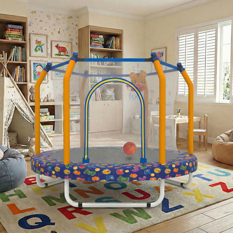 Skepphlay 55" Small Toddle Trampoline w/ Basketball Hoop, Safety Enclosure Design, Baby Round Jumping Mat, Best Gifts For Boys Girls, Dark Blue