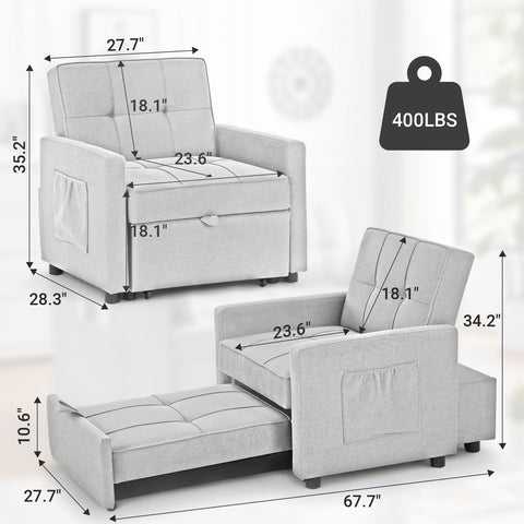 Grey Single Pull Out Couch Chair with Adjust Backrest, 3-in-1 Convertible Sleeper Sofa, Loveseat with Storage and Pillows, Modern Recliner for Living Room Apartment Office