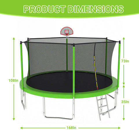 Skepphlay 14 FT Outdoor Trampoline w/ Basketball Hoop, 3 Steps Ladder and Safe Enclosure Net, Green Recreational Trampoline for Kids, Adults, Backyard