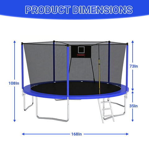 Skepphlay 14 FT Outdoor Trampoline with Safety Enclosure Net, Basketball Hoop, 5 W-Shaped Legs & Ladder, ASTM Certified for Kids Adults,Blue