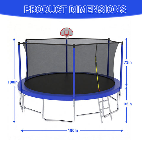 Skepphlay 15 FT Outdoor Trampoline w/ Basketball Hoop, 3 Steps Ladder and Safe Enclosure Net, Blue Recreational Trampoline for Kids, Adults, Backyard