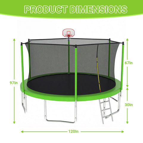 Skepphlay 10 FT Outdoor Trampoline w/ Basketball Hoop, 2 Steps Ladder and Safe Enclosure Net, Green Recreational Trampoline for Kids, Adults, Backyard