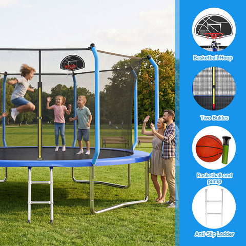 Skepphlay 14 FT Outdoor Trampoline w/ Basketball Hoop, 2 Steps Ladder and Safe Enclosure Net, Recreational Trampoline for Kids, Adults, Blue