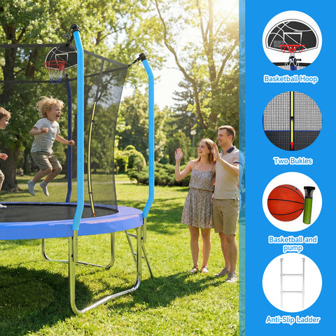 Skepphlay 10 FT Outdoor Trampoline w/ Basketball Hoop, 2 Steps Ladder and Safe Enclosure Net, Recreational Trampoline for Kids, Adults, Blue