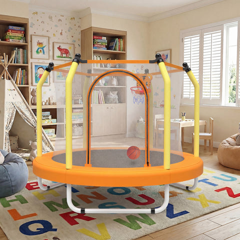 Skepphlay 55" Small Toddle Trampoline w/ Basketball Hoop, Safety Enclosure Design, Baby Round Jumping Mat, Best Gifts For Boys Girls, Orange