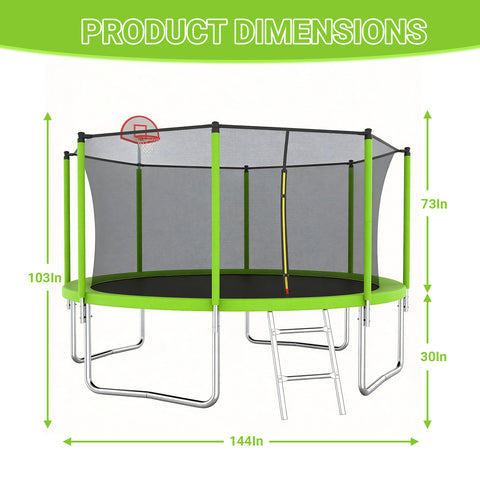 Skepphlay 12 FT Outdoor Trampoline w/ Basketball Hoop, 2 Steps Ladder and Safe Enclosure Net, Green Recreational Trampoline for Kids, Adults, Backyard
