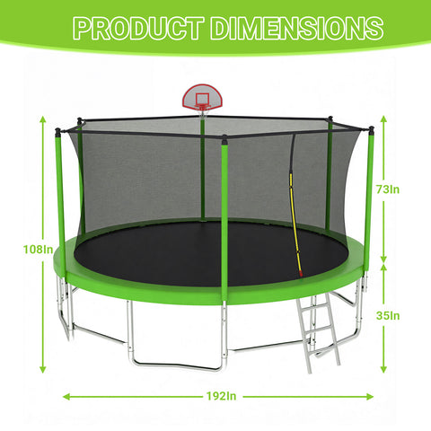 Skepphlay 16 FT Outdoor Trampoline w/ Basketball Hoop, 3 Steps Ladder and Safe Enclosure Net, Green Recreational Trampoline for Kids, Adults, Backyard