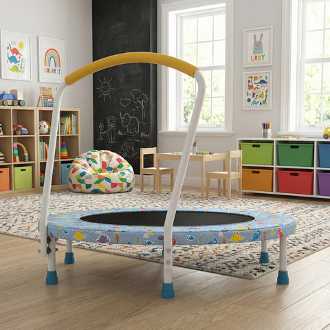 Skepphlay 36" Foldable Toddler Trampoline w/ Adjustable Handlebar for Kids 1-6 Ages, Safe & Sturdy Design, Baby Blue