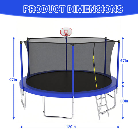 Skepphlay 10 FT Outdoor Trampoline w/ Basketball Hoop, 2 Steps Ladder and Safe Enclosure Net, Blue Recreational Trampoline for Kids, Adults, Backyard