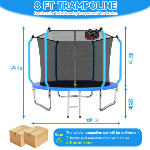 Skepphlay 8 FT Outdoor Trampoline w/ Basketball Hoop, 2 Steps Ladder and Safe Enclosure Net, Recreational Trampoline for Kids, Adults, Blue