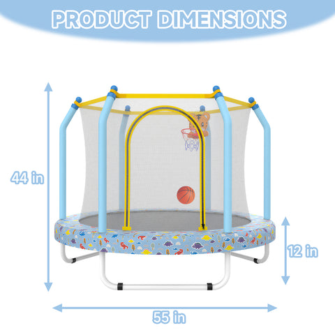 Skepphlay 55" Small Indoor Outdoor Trampoline w/ Basketball Hoop, Safety Enclosure Design, Baby Round Jumping Mat, Best Gifts For Boys Girls, Baby Blue