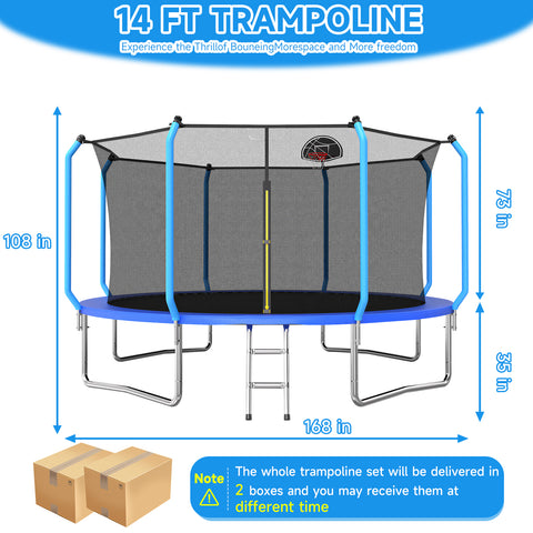 Skepphlay 14 FT Outdoor Trampoline w/ Basketball Hoop, 2 Steps Ladder and Safe Enclosure Net, Recreational Trampoline for Kids, Adults, Blue