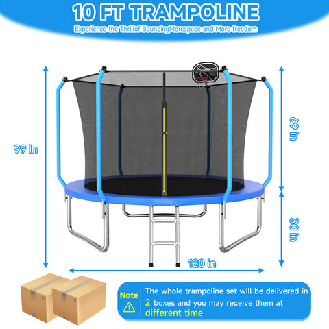 Skepphlay 10 FT Outdoor Trampoline w/ Basketball Hoop, 2 Steps Ladder and Safe Enclosure Net, Recreational Trampoline for Kids, Adults, Blue