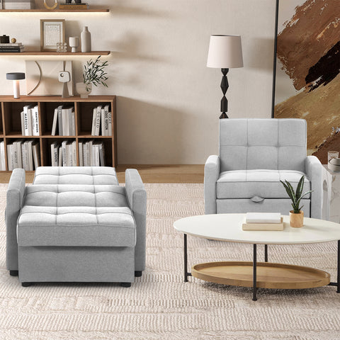 Grey Single Pull Out Couch Chair with Adjust Backrest, 3-in-1 Convertible Sleeper Sofa, Loveseat with Storage and Pillows, Modern Recliner for Living Room Apartment Office