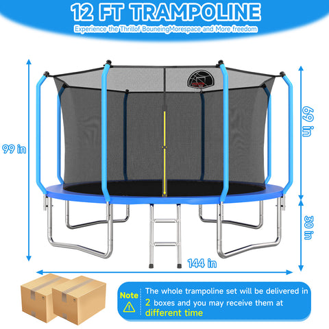 Skepphlay 12 FT Outdoor Trampoline w/ Basketball Hoop, 2 Steps Ladder and Safe Enclosure Net, Recreational Trampoline for Kids, Adults, Blue
