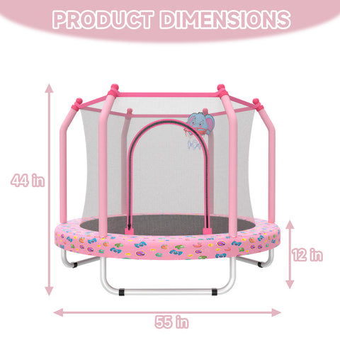 Skepphlay 55" Small Toddle Trampoline w/ Basketball Hoop, Safety Enclosure Design, Baby Round Jumping Mat, Best Gifts For Boys Girls, Pink