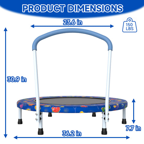 Skepphlay 36" Foldable Toddler Trampoline w/ Adjustable Handlebar for Kids 1-6 Ages, Safe & Sturdy Design, Blue