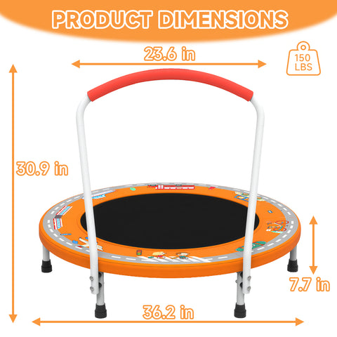 Skepphlay 36" Foldable Toddler Trampoline w/ Adjustable Handlebar for Kids 1-6 Ages, Safe & Sturdy Design, Orange