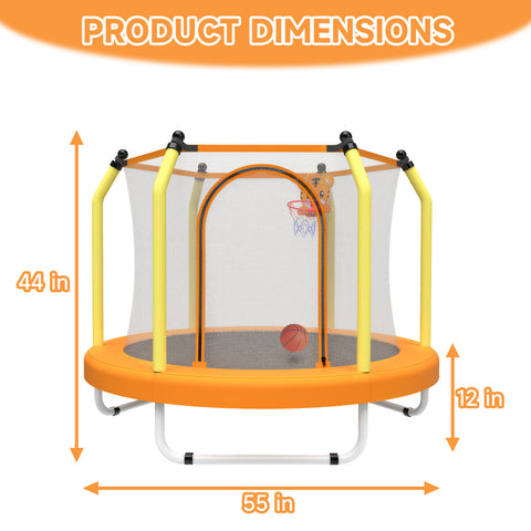 Skepphlay 55" Small Toddle Trampoline w/ Basketball Hoop, Safety Enclosure Design, Baby Round Jumping Mat, Best Gifts For Boys Girls, Orange