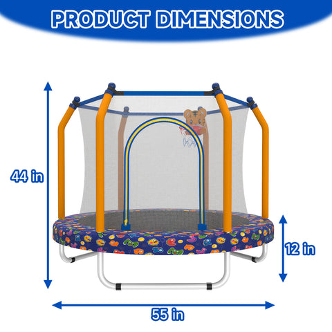 Skepphlay 55" Small Toddle Trampoline w/ Basketball Hoop, Safety Enclosure Design, Baby Round Jumping Mat, Best Gifts For Boys Girls, Dark Blue
