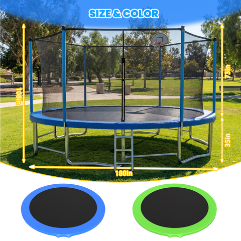 Skepphlay 15 FT Outdoor Trampoline w/ Basketball Hoop, 3 Steps Ladder and Safe Enclosure Net, Blue Recreational Trampoline for Kids, Adults, Backyard