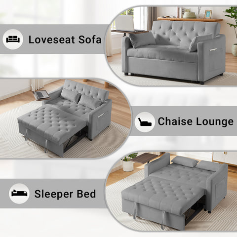 3 in 1 Convertible Sofa Bed with Side Table, Pull Out Couch with 3-Level Adjust Backrest, Sleeper Loveseat with Storage Pockets and 2 Pillows, Velvet Chaise Lounge for Living Room