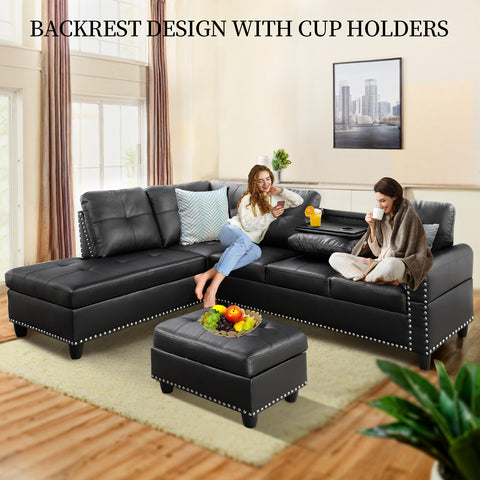 L Shaped Sectional Couch with Recliner, Modern Sleeper Sofa with Movable Storage Ottoman, Stylish Living Room Furniture Set with 2 Cup Holders and 2 Pillows for Home