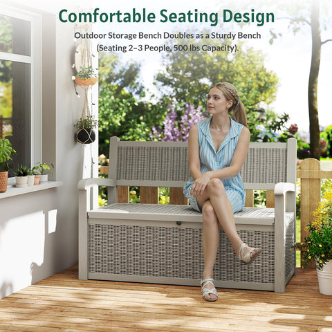 Skepphlay 70 Gallon Storage Bench Deck Box Outdoor, Deck Storage Bench Outside, Lockable Outdoor Benches with Armrest & Back, Deck Boxes Waterproof for Pool Patio Garden (Grey)