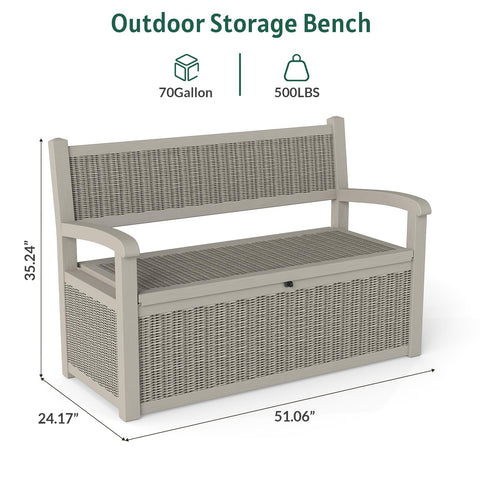 Skepphlay 70 Gallon Storage Bench Deck Box Outdoor, Deck Storage Bench Outside, Lockable Outdoor Benches with Armrest & Back, Deck Boxes Waterproof for Pool Patio Garden (Grey)