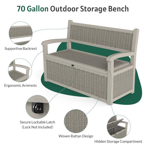 Skepphlay 70 Gallon Storage Bench Deck Box Outdoor, Deck Storage Bench Outside, Lockable Outdoor Benches with Armrest & Back, Deck Boxes Waterproof for Pool Patio Garden (Grey)