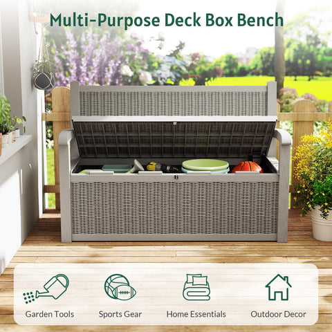 Skepphlay 70 Gallon Storage Bench Deck Box Outdoor, Deck Storage Bench Outside, Lockable Outdoor Benches with Armrest & Back, Deck Boxes Waterproof for Pool Patio Garden (Grey)