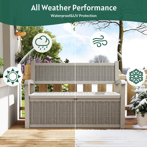 Skepphlay 70 Gallon Storage Bench Deck Box Outdoor, Deck Storage Bench Outside, Lockable Outdoor Benches with Armrest & Back, Deck Boxes Waterproof for Pool Patio Garden (Grey)