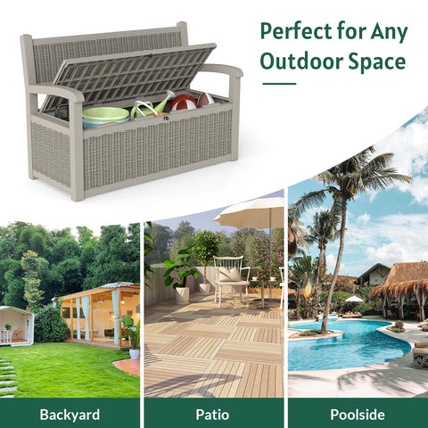 Skepphlay 70 Gallon Storage Bench Deck Box Outdoor, Deck Storage Bench Outside, Lockable Outdoor Benches with Armrest & Back, Deck Boxes Waterproof for Pool Patio Garden (Grey)