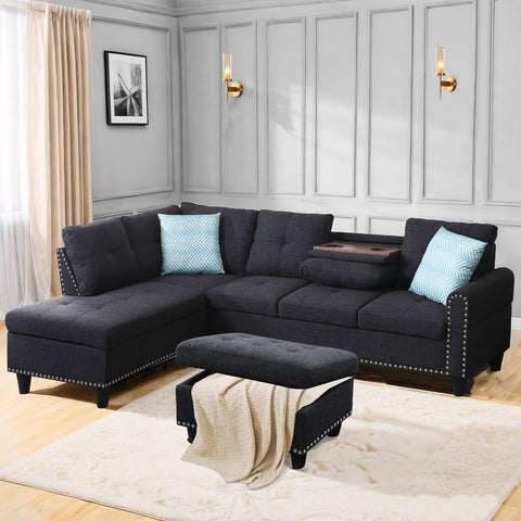 L Shaped Sectional Couch with Recliner, Modern Sleeper Sofa with Movable Storage Ottoman, Stylish Living Room Furniture Set with 2 Cup Holders and 2 Pillows for Home