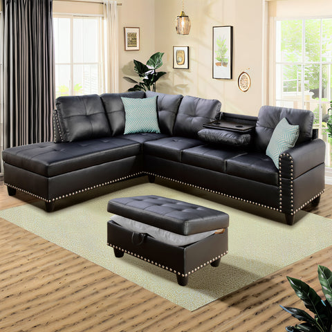 L Shaped Sectional Couch with Recliner, Modern Sleeper Sofa with Movable Storage Ottoman, Stylish Living Room Furniture Set with 2 Cup Holders and 2 Pillows for Home