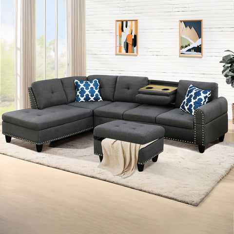 L Shaped Sectional Couch with Recliner, Modern Sleeper Sofa with Movable Storage Ottoman, Stylish Living Room Furniture Set with 2 Cup Holders and 2 Pillows for Home