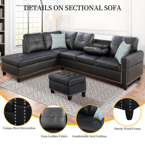 L Shaped Sectional Couch with Recliner, Modern Sleeper Sofa with Movable Storage Ottoman, Stylish Living Room Furniture Set with 2 Cup Holders and 2 Pillows for Home