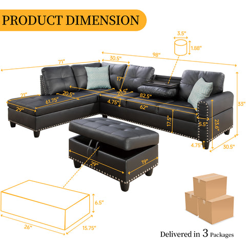 L Shaped Sectional Couch with Recliner, Modern Sleeper Sofa with Movable Storage Ottoman, Stylish Living Room Furniture Set with 2 Cup Holders and 2 Pillows for Home