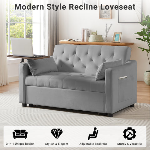 3 in 1 Convertible Sofa Bed with Side Table, Pull Out Couch with 3-Level Adjust Backrest, Sleeper Loveseat with Storage Pockets and 2 Pillows, Velvet Chaise Lounge for Living Room