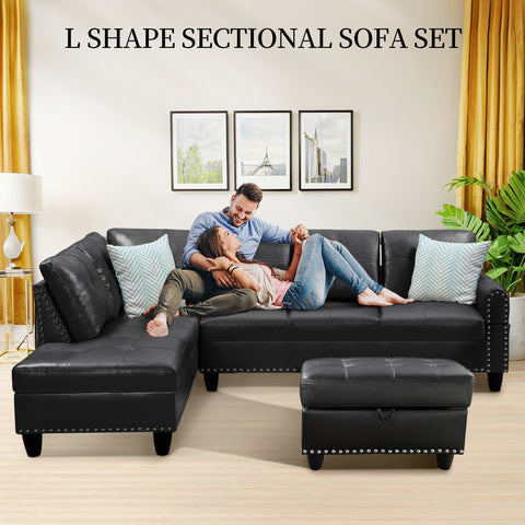 L Shaped Sectional Couch with Recliner, Modern Sleeper Sofa with Movable Storage Ottoman, Stylish Living Room Furniture Set with 2 Cup Holders and 2 Pillows for Home