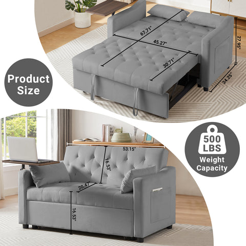 3 in 1 Convertible Sofa Bed with Side Table, Pull Out Couch with 3-Level Adjust Backrest, Sleeper Loveseat with Storage Pockets and 2 Pillows, Velvet Chaise Lounge for Living Room