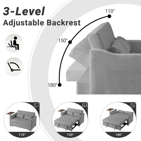 3 in 1 Convertible Sofa Bed with Side Table, Pull Out Couch with 3-Level Adjust Backrest, Sleeper Loveseat with Storage Pockets and 2 Pillows, Velvet Chaise Lounge for Living Room