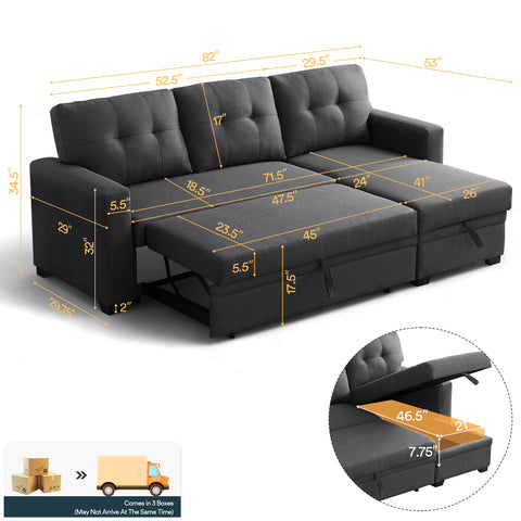 L Shaped Couch with Pull Convertible Sleeper Sofa Bed Sectional with Storage Chaise Lounge for Home Living Room Apartment Dorm