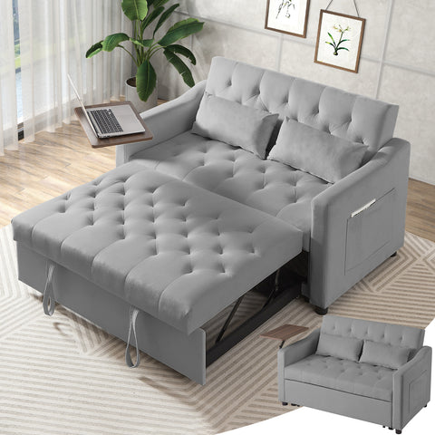 3 in 1 Convertible Sofa Bed with Side Table, Pull Out Couch with 3-Level Adjust Backrest, Sleeper Loveseat with Storage Pockets and 2 Pillows, Velvet Chaise Lounge for Living Room